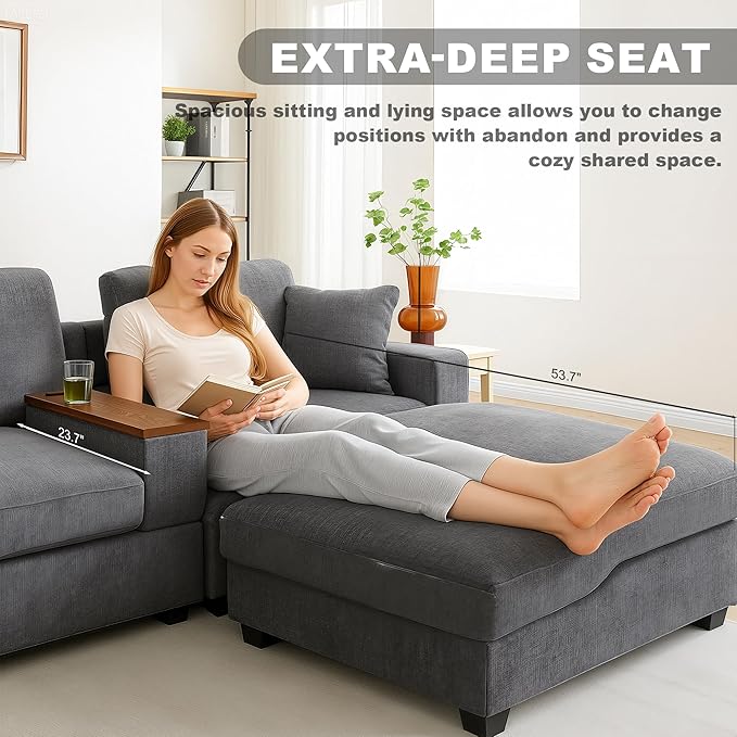 120.3" Modern L-Shaped Sectional Sofa with 360°Swivel Drop-Down Table, Storage Armrest, USB Ports & Movable Storage Ottoman – Plush Linen Cloud Couch for Lounge (Grey)-HomvellaHome