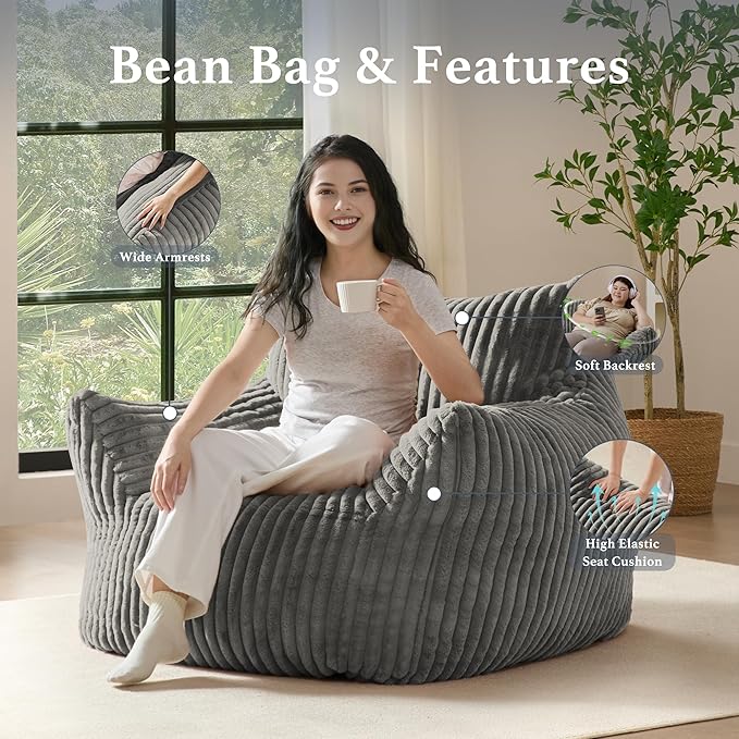 Giant Plush Bean Bag Chair for Adults with Armrests - Oversized Comfy Light Grey Beanbag Lounge Lazy Floor Sofa Accent Chair for Living Room, Bedroom & Dorm, Cozy Fluffy Single Cloud Mini Couch-HomvellaHome