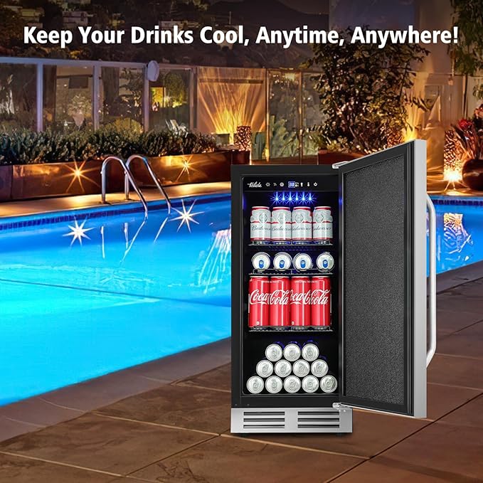 15 Inch Outdoor Beverage Refrigerator Cooler,Stainless Steel 127 Cans Beverage Fridge with French Door Under Counter Built-in or Freestanding, Perfect for Beer, Cola-HomvellaHome