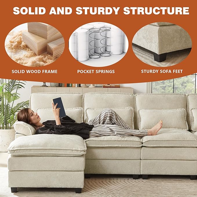 113" Oversized Cloud Couch, U Shape Sectional 4 Seat Sofa with Double Chaises, 2 Layer Cusions, Deep Seat Comfy Sofa, Upholstery Chenille Fabric for Living Room, Beige-HomvellaHome