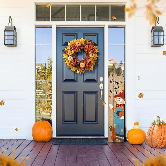 Glitzhome 24 inch Artificial Fall Wreath Decor, Autumn Maple Leaf Wreath for Front Door with Dahlia Pumpkin, Leaf and Berry Wreaths for Autumn Harvest Thanksgiving Halloween Decor-HomvellaHome