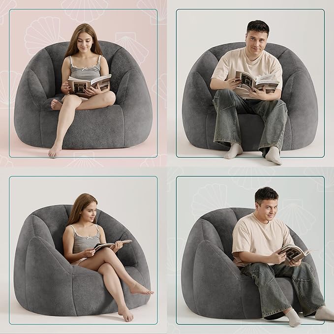 Giant Bean Bag Swivel Chair for Adults - Comfy Plush Round Shell Soft Accent Beanbag Chair, Oversized Cozy Floor Sofa Reading Chair for Living Room, Bedroom & Game Rooms, Gray-HomvellaHome
