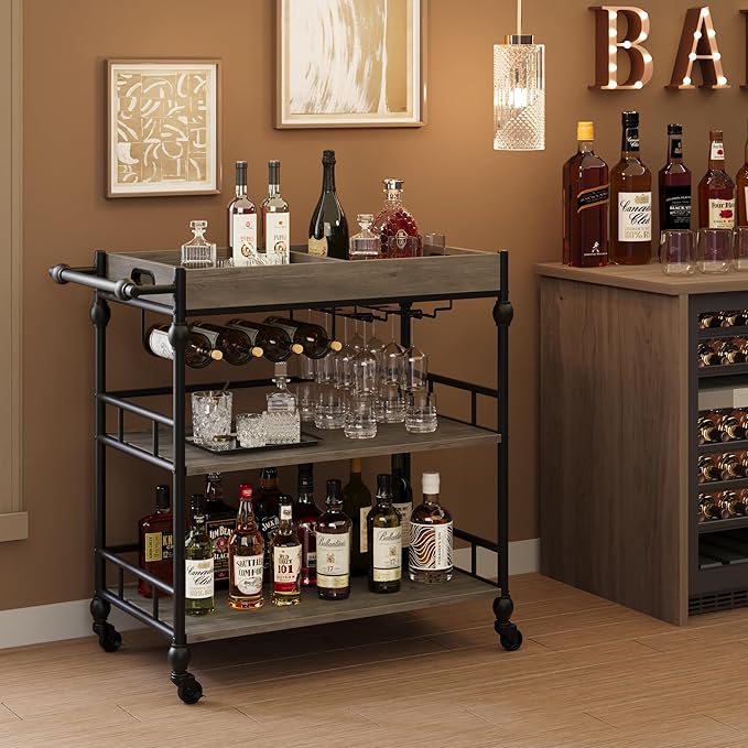GarveeHome Bar Cart, Bar Carts for The Home, 3 Tier Serving Cart with Wheels, Home Bar & Serving Carts, Metal Rolling Cart with Wine Rack & Removable Tray for Kitchen, Dining Room, Living Room-Grey-HomvellaHome