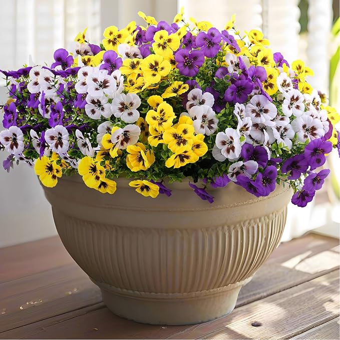 18 Bundles Artificial Fake Pansy Flowers for Outdoor, Faux UV Resistant Silk Pansies Flowers for Outside Planter Front Door Porch Yard Patio Window Box Home Decor (18, Purple, Yellow, White)-HomvellaHome