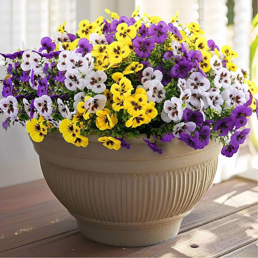 18 Bundles Artificial Fake Pansy Flowers for Outdoor, Faux UV Resistant Silk Pansies Flowers for Outside Planter Front Door Porch Yard Patio Window Box Home Decor (18, Purple, Yellow, White)-HomvellaHome