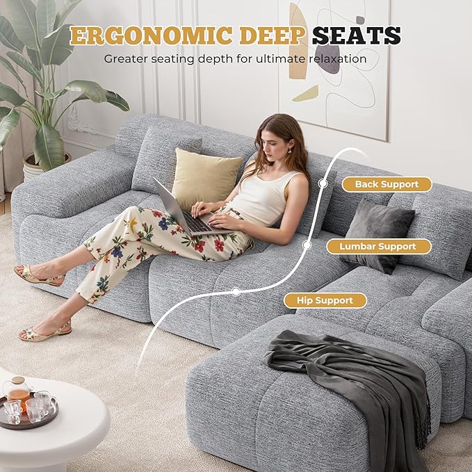 122" Modern L Shaped Modular Sectional Sofa, Boneless Couches for Living Room with Ottoman,4 Seater Convertible Chenille Cloud Couch Sofa Set, No Assembly Required, Light Grey 1 PCS-HomvellaHome