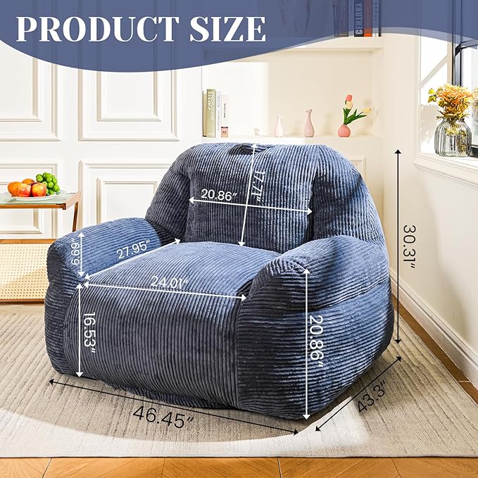 Giant Bean Bag Chair, Faux Fur Bean Bag Chair for Adults, Fluffy and Comfy Bean Bags with Filler, Big Bean Bag Sofa Chair for Reading, Gaming, Stuffed High-Density Foam, Grey-HomvellaHome