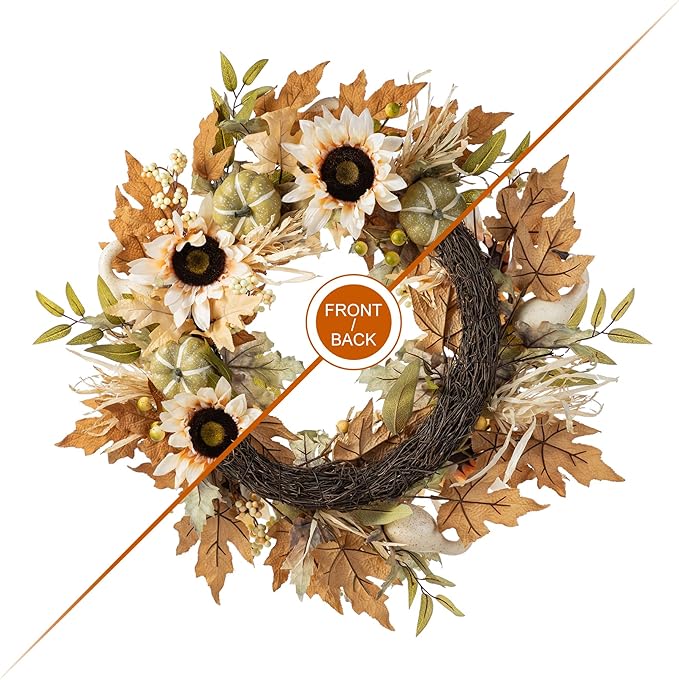 Glitzhome 24''D Artificial Fall Wreath for Front Door, Autumn Wreath with Sunflower, Pumpkin and Leaf, Metal Hanger for Farmhouse Indoor Outdoor Window Wall Door Decor-HomvellaHome