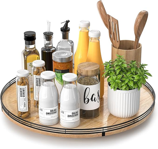 18" Lazy Susan Oak Wood Turntable Organizer for Cabinet, Farmhouse Round Wooden Large Lazy Susan Organization and Storage for Dining Table, Pantry, Kitchen, Countertop, Cupboard, Home Decor-HomvellaHome