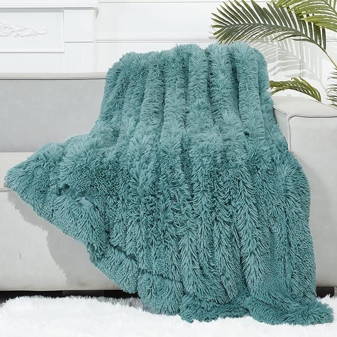 GONAAP Fuzzy Faux Fur Throw Blanket Twin Size Light Teal Super Soft Cozy Plush Fuzzy Shaggy Blanket for Couch Sofa Bed (Light Teal, Twin(60"x80"))-HomvellaHome