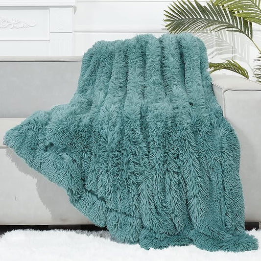 GONAAP Fuzzy Faux Fur Throw Blanket Twin Size Light Teal Super Soft Cozy Plush Fuzzy Shaggy Blanket for Couch Sofa Bed (Light Teal, Twin(60"x80"))-HomvellaHome