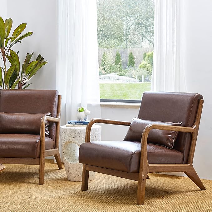 Glitzhome 2 Set Mid Century Coffee Accent Armchair, Single Reading Armchair PU Leather Lounge Chair with Walnut Ruberwood Frame-HomvellaHome