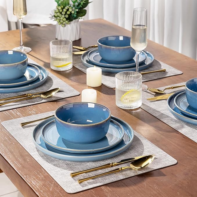 GBHOME Ceramic Dinnerware Sets for 4, 12 Pieces Stoneware Plates and Bowls Sets, Reactive Glaze Dishes -Scratch Resistant, Dishwasher&Microwave Safe-Alaskan Blue-HomvellaHome