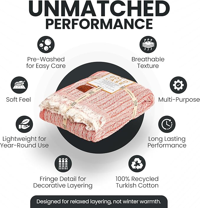 Gold Case Throw Blanket for Couch – 100% Recycled Turkish Cotton Blankets & Throws – Elegant Decorative Throw Blankets for Living Room Sofa – Woven Throws for Couch – Vintage Orange – 60x80-HomvellaHome