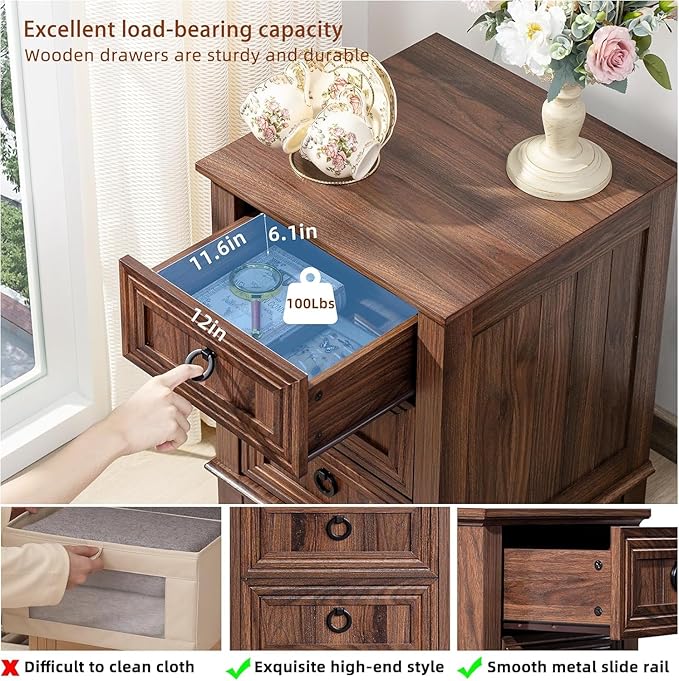 18" Farmhouse Night Stands Set of 2 with Charging Station, 2 & 3 Drawers End Table Dresser for Bedroom, Brown Wooden Nightstand, Bed Side Table with Open Shelf, Bedside Cabinet for Living Room-HomvellaHome