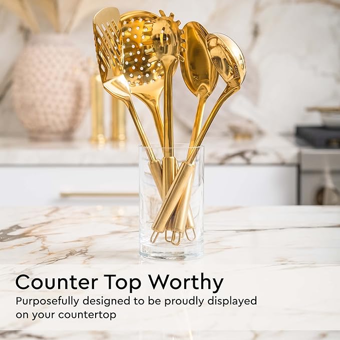 Gold Cooking Utensils Set – 5-Piece Stainless Steel Kitchen Tools for Modern Cooking and Serving – Dishwasher Safe Ladle, Spoon, Spatula, Pasta Fork, Luxury Brass Kitchen Accessories for Home Chefs-HomvellaHome