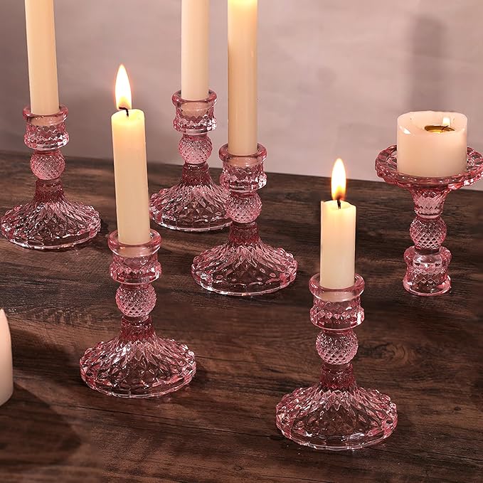 12Pcs Pink Candlestick Holders Set- 4" H Taper Candle Holders Bulk, Glass Candle Holders for Wedding, Party, Romantic Dinner Table Centerpieces, Festival Gifts & Windowsill Decor-HomvellaHome