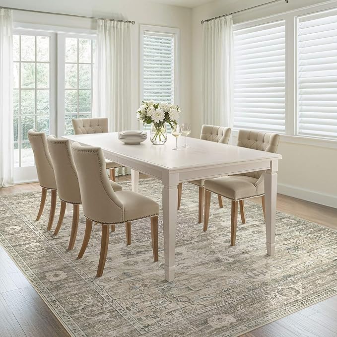 Washable Area Rugs for Living Room - 5x7 Neutral Vintage Distressed Floral Farmhouse Boho Large Soft Floor Rug Indoor Non Slip Carpet for Living Room Bedroom Dining Room Office - Brown/Tan-HomvellaHome