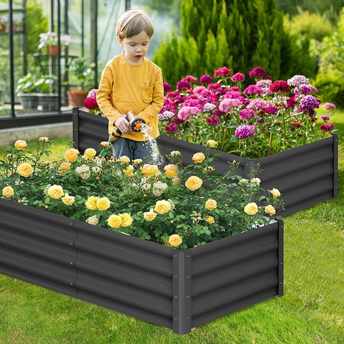 Galvanized Raised Garden Bed Outdoor, 2 Pcs 6x3x1FT Outdoor Large Planter Raised Beds Open Base with Safety Edge and Glove for Vegetables Flowers Ground Planter, Dark Gray-HomvellaHome