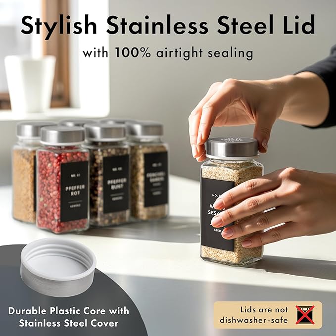 Glass Spice Jars with Labels and Steel Lids (24 x 4oz) Spice Containers with 240 Label, Steel Funnel, Shaker Inserts, Empty Square Seasoning Organizer for Spice Rack, Cabinet, Drawer-HomvellaHome