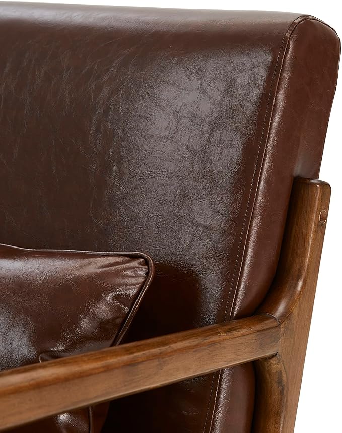 Glitzhome 30.75 "H Mid Century Coffee Accent Armchair, Single Reading Armchair PU Leather Lounge Chair with Walnut Ruberwood Frame-HomvellaHome