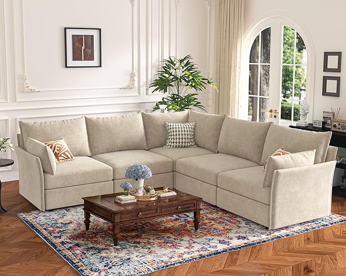 135.5" Oversized Modular Sectional Sofa, L Shaped Convertible Couch with Movable Ottoman, 5 Seat Corner Couches for Living Room Deep Seat Beige Chenille-HomvellaHome