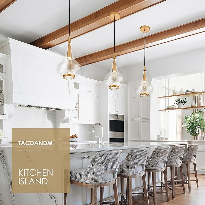 1-Light Teardrop Pendant Light, Brass Gold Ceiling Hanging Light Fxitures, LED Light Fixtures Ceiling Glass Pendant Lighting for Kitchen Island Dining Room Bar-HomvellaHome