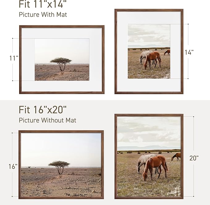 16x20 Picture Frame Set of 4 Natural Solid Walnut Photo Frames with 11x14 Removable Mat Wall Hanging Large Handcrafted Frame with HD Plexiglass Wall and Tabletop Display Large Poster Frame-HomvellaHome