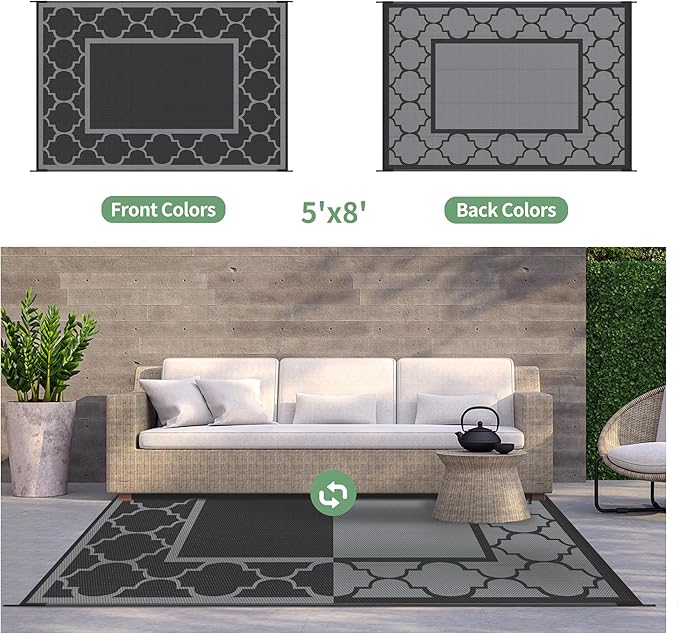 GENIMO 5' x 8' Outdoor Rug Waterproof for Patio Decor, Foldable Reversible Plastic Straw Area Rugs Mat for Camper, Outside Carpet for Rv, Deck, Porch, Picnic, Beach, Balcony, Black & Grey-HomvellaHome