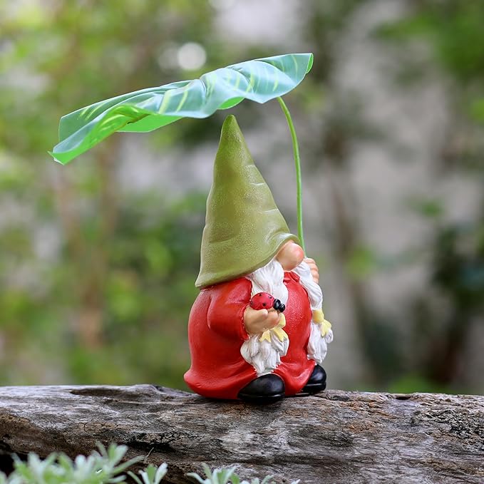 Garden Female Gnome Statue Decoration with Leaf Umbrella, 7.5” Figurine Ornament for Indoor Outdoor Home Patio Yard Lawn, for Gnome Lovers & Garden Enthusiasts，Mom，Women-HomvellaHome