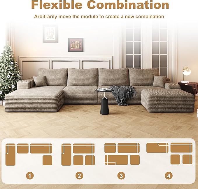 136" Sectional Couches for Living Room Modern Modular Sofa with L-Shape Couchs Upholstered Boneless Couch Deep Seat Sectional Couch with Chaise (Camel, Left Facing Chaise+3Seaters+Ottoman)-HomvellaHome