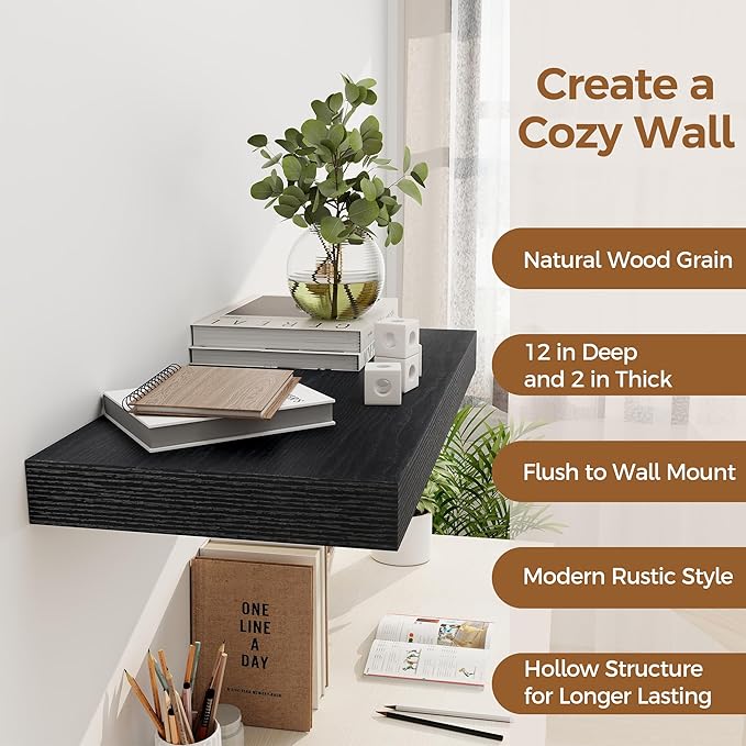 12 Inch Deep Black Floating Shelves, 24 x 12 Floating Shelf for Books, Rustic Wood Deep Wall Shelves for Home Storage & Display, 2" Thicked Shelves for Kitchen, Living Room, Bedroom, 2 Pack-HomvellaHome