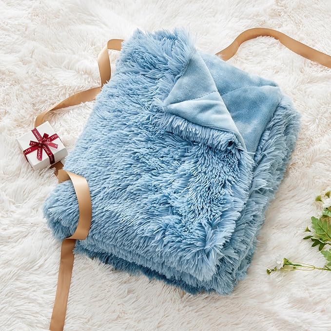 GONAAP Fuzzy Faux Fur Throw Blanket Light Blue Super Soft Cozy Plush Fuzzy Shaggy Blanket for Couch Sofa Bed (Light Blue, Throw(50"x60"))-HomvellaHome
