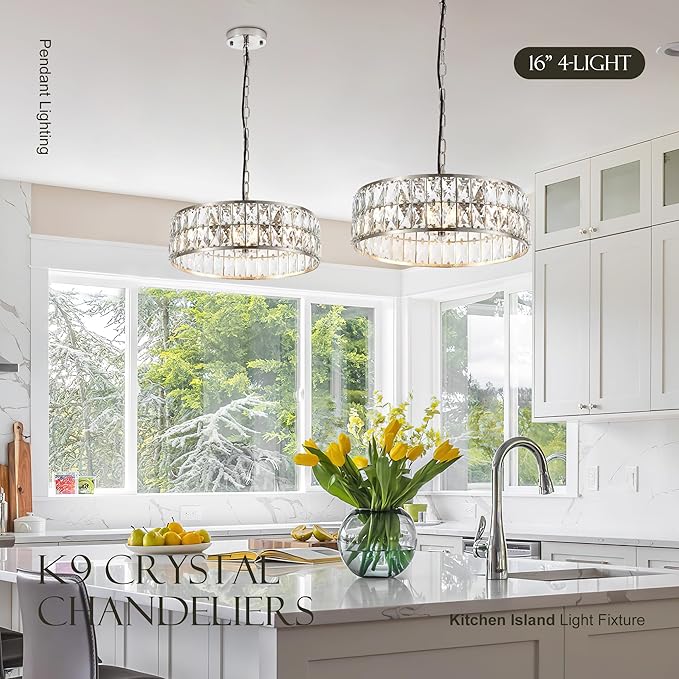 16” 4-Light Modern Crystal Chandeliers Nickel Dinning Room Light Fixture, Round Pendant Light Kitchen Island Chandelier, Flush Mount Ceiling Light for Living Room Entryway Bedroom Foyer-HomvellaHome