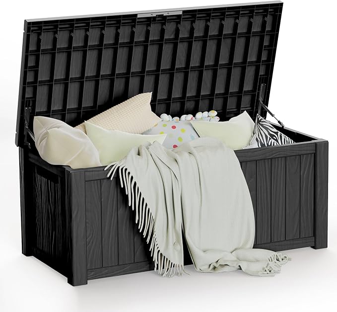 120 Gallon Patio Storage Box, Large Outside Storage Bin for Patio Furniture Covers, Cushion Pillows, Waterproof Outdoor Storage Bench for Towels, Garden Tools and Pool Accessories, Black-HomvellaHome