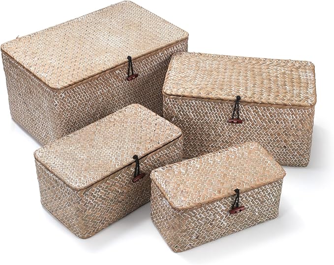 Wicker Basket with Lid, Seagrass Storage Basket, Woven Decorative Storage Baskets for Shelf Organizing, Whitewash-HomvellaHome