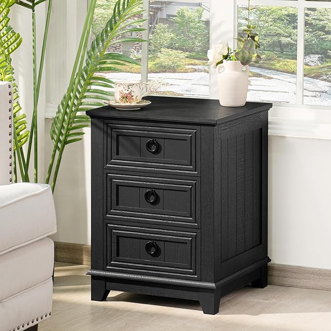 18" Farmhouse Night Stand with 3 Drawers, Wood End Table Dresser for Bedroom, Black Nightstand, Bed Side Table with Metal Handle, Bedside Cabinet for Bedroom Living Room, Closet-HomvellaHome