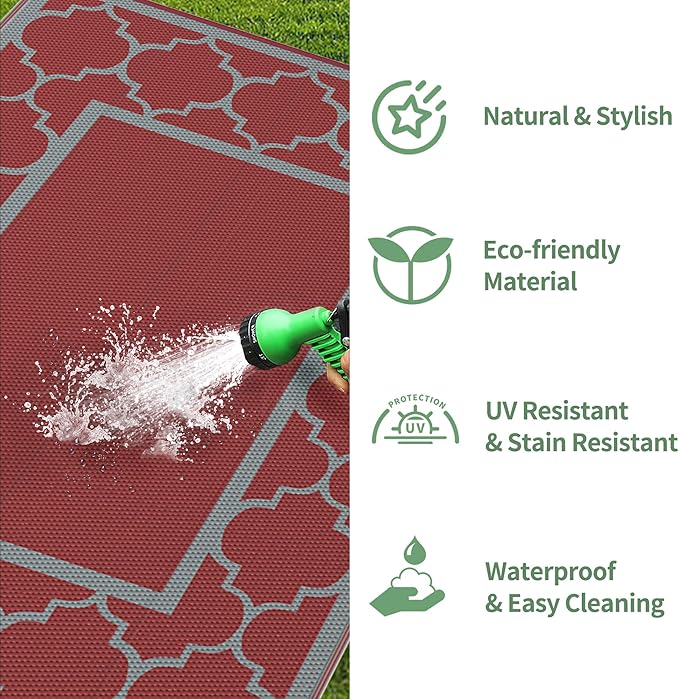 GENIMO 6' x 9' Outdoor Rug Waterproof for Patio Decor, Foldable Reversible Plastic Straw Area Rugs Mat for Camper, Outside Carpet for Rv, Deck, Porch, Picnic, Beach, Balcony, Red & Grey-HomvellaHome