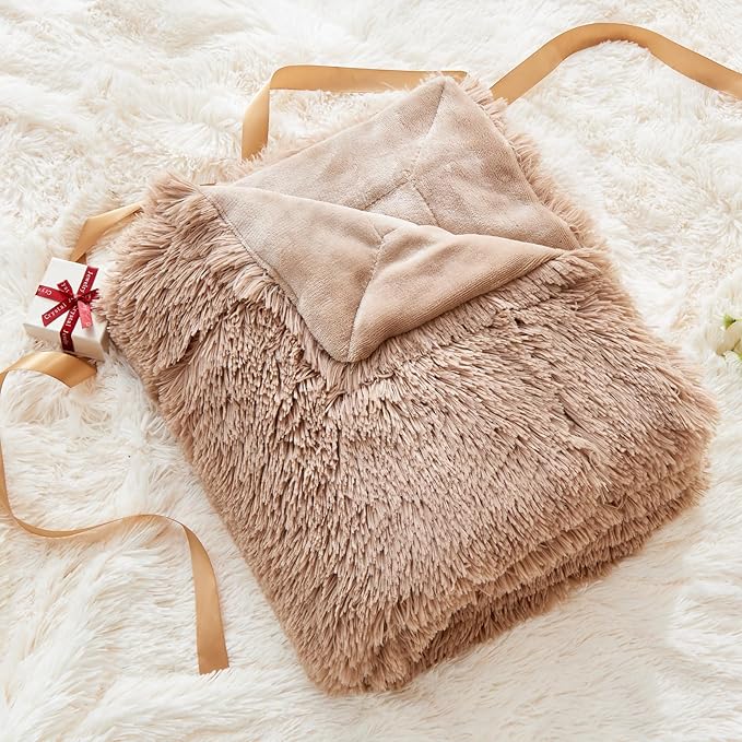GONAAP Fuzzy Faux Fur Throw Blanket Twin Size Taupe Super Soft Cozy Plush Fuzzy Shaggy Blanket for Couch Sofa Bed (Taupe, Twin(60"x80"))-HomvellaHome