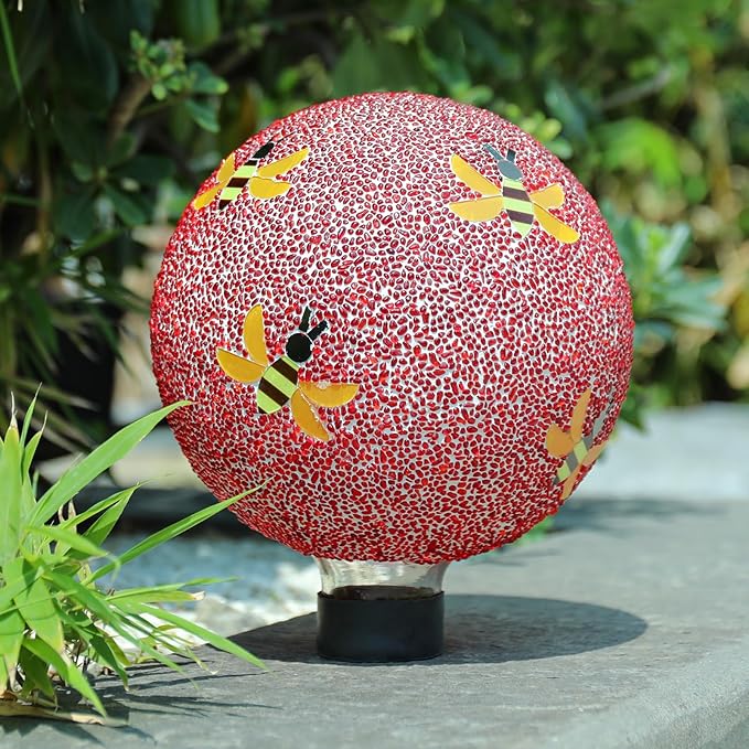 Gazing Ball 8 Inch Bee Glass Mosaic Garden Globe Outdoor Gazing Globe Yard Ornament for Garden Yard Home Lawn Outdoor Decoration Gift for Women (Not Solar Powered)-HomvellaHome