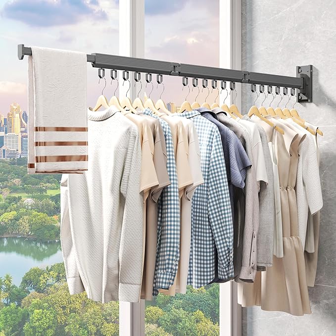 Grey Color Laundry Rack - Wall Mounted, Collapsible Clothes Drying Rack With Loop-type Hooks-HomvellaHome
