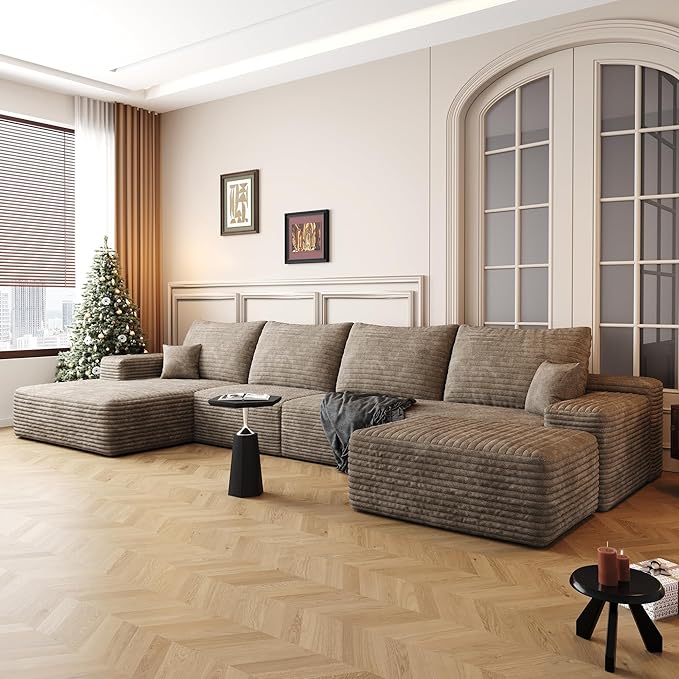 136" Sectional Couches for Living Room Modern Modular Sofa with L-Shape Couchs Upholstered Boneless Couch Deep Seat Sectional Couch with Chaise (Camel, Left Facing Chaise+3Seaters+Ottoman)-HomvellaHome