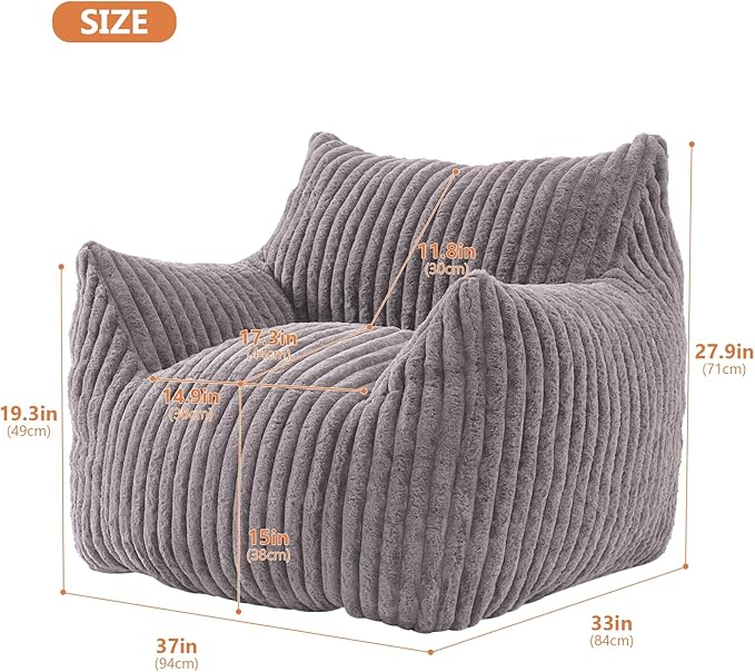 Giant Bean Bag Chairs for Adults with Filling Plush Fluffy Bean Bag Chairs for Teens with Armrests Comfy BeanBag Lazy Couch Sofa Chair for Bedroom Living Room Reading (Dark Gray2, M-for Teens/Adults)-HomvellaHome