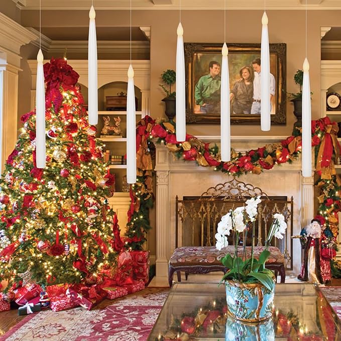 GenSwin 10.8" Floating Candles with Magic Wand Remote Timer, Flameless Taper Candles Flickering Battery Operated, LED Electric Hanging Window Candle Christmas Halloween Decorations(12 Pack, White)-HomvellaHome