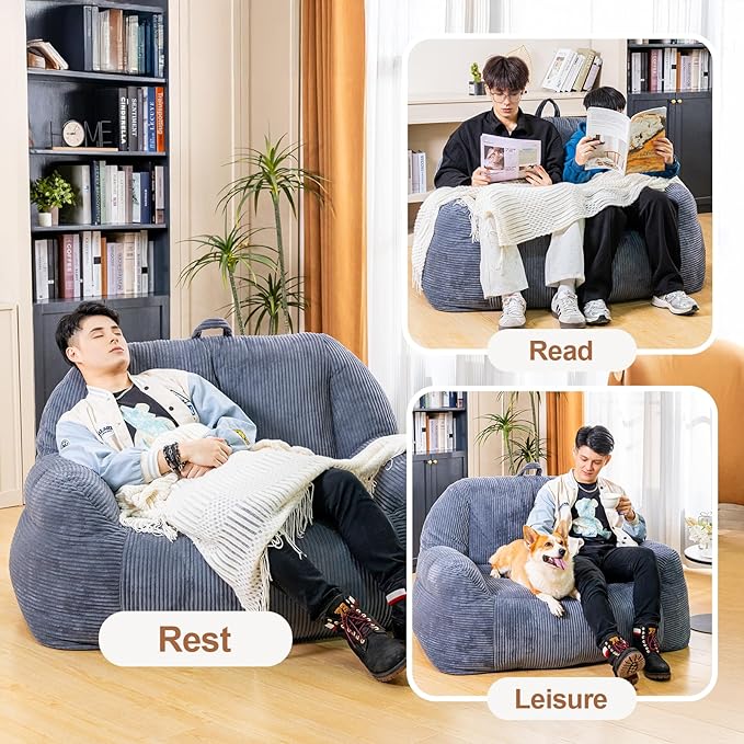 Giant Bean Bag Chair, Faux Fur Bean Bag Chair for Adults, Fluffy and Comfy Bean Bags with Filler, Big Bean Bag Sofa Chair for Reading, Gaming, Stuffed High-Density Foam, Grey-HomvellaHome