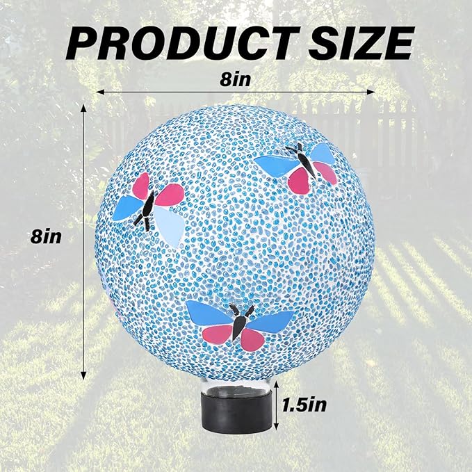 Gazing Ball 8 Inch Butterfly Glass Mosaic Garden Globe Outdoor Gazing Globe Yard Ornament for Garden Yard Home Lawn Outdoor Decoration Gift for Women (Not Solar Powered)-HomvellaHome