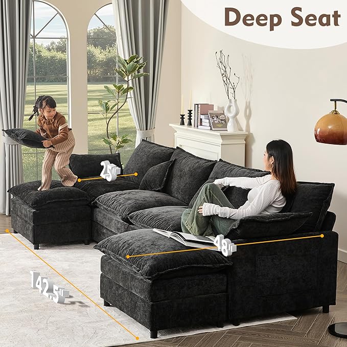 142.5" U Shaped Couch, Modular Sectional Sofa, 3-Seater Comfy Cloud Couch with Movable Ottoman, Deep Seat Couches for Living Room, Chenille, Black-HomvellaHome