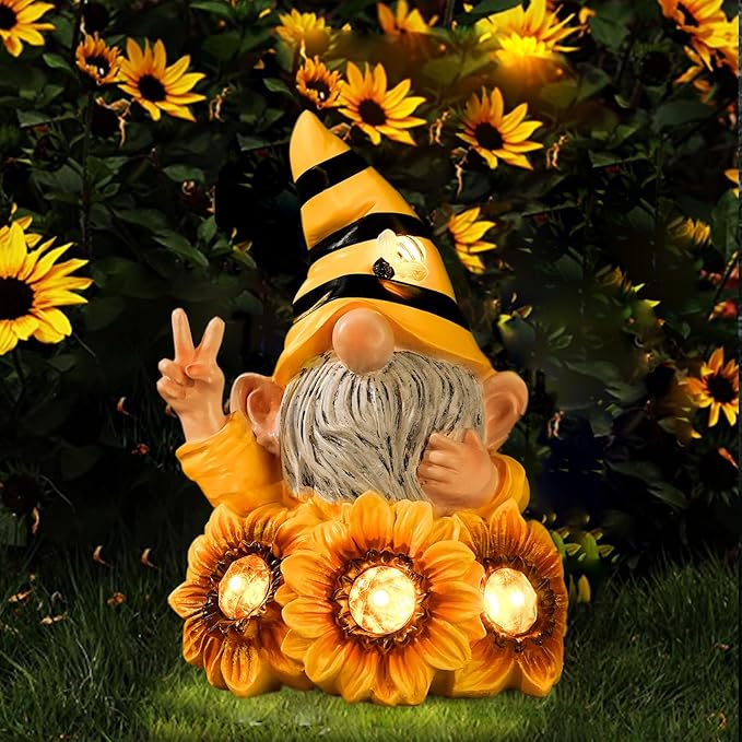 Garden Sculptures & Statues Resin Summer Bee Gnome with Sunflower, Outdoor Funny Decoration Solar Light Figurine Gifts for Yard, Patio Decor for Mom-HomvellaHome