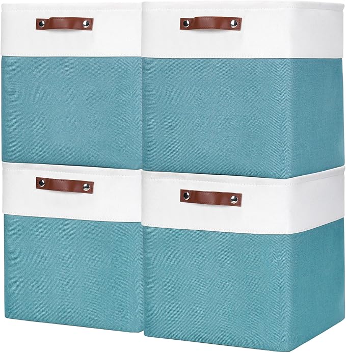 13x13 Cube Storage Bins, Collapsible Fabric Storage Box, 4 Pack Closet Baskets with Handles for Organizing, Shelf, Toys, Clothes, Home, Office, Nursery (Teal&White)-HomvellaHome