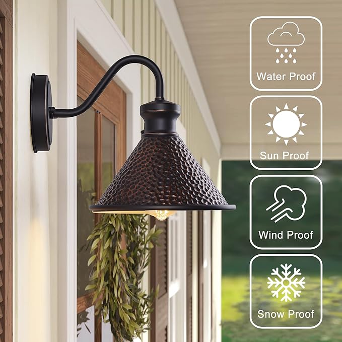 Gooseneck Outdoor Wall Sconce 1-Light E26 Socket Farmhouse Wall Mount Porch & Patio Lights,9.3Inch Width Casting Aluminum Shade,Oil Rubbed Bronze,Easily Installed in Outdoor and Indoor.-HomvellaHome